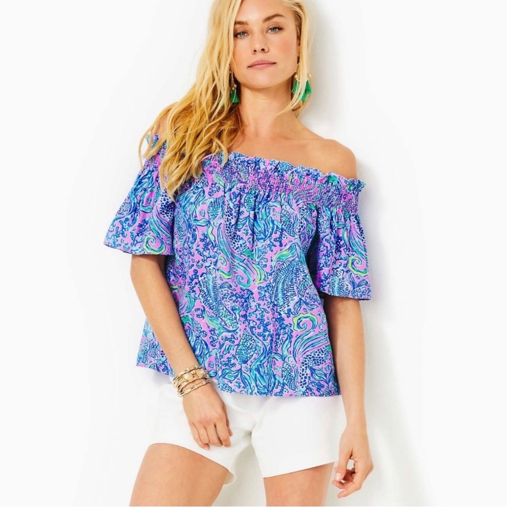 Lilly Pulitzer Leanne Off-The-Shoulder Linen Top We Mermaid It Medium NWT